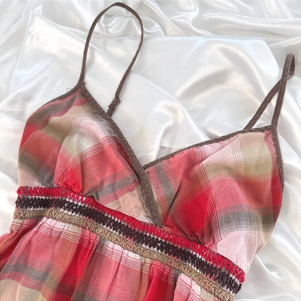 Maurices Red Plaid Babydoll Cami Top Smocked Empire Waist Boho Cotton Medium